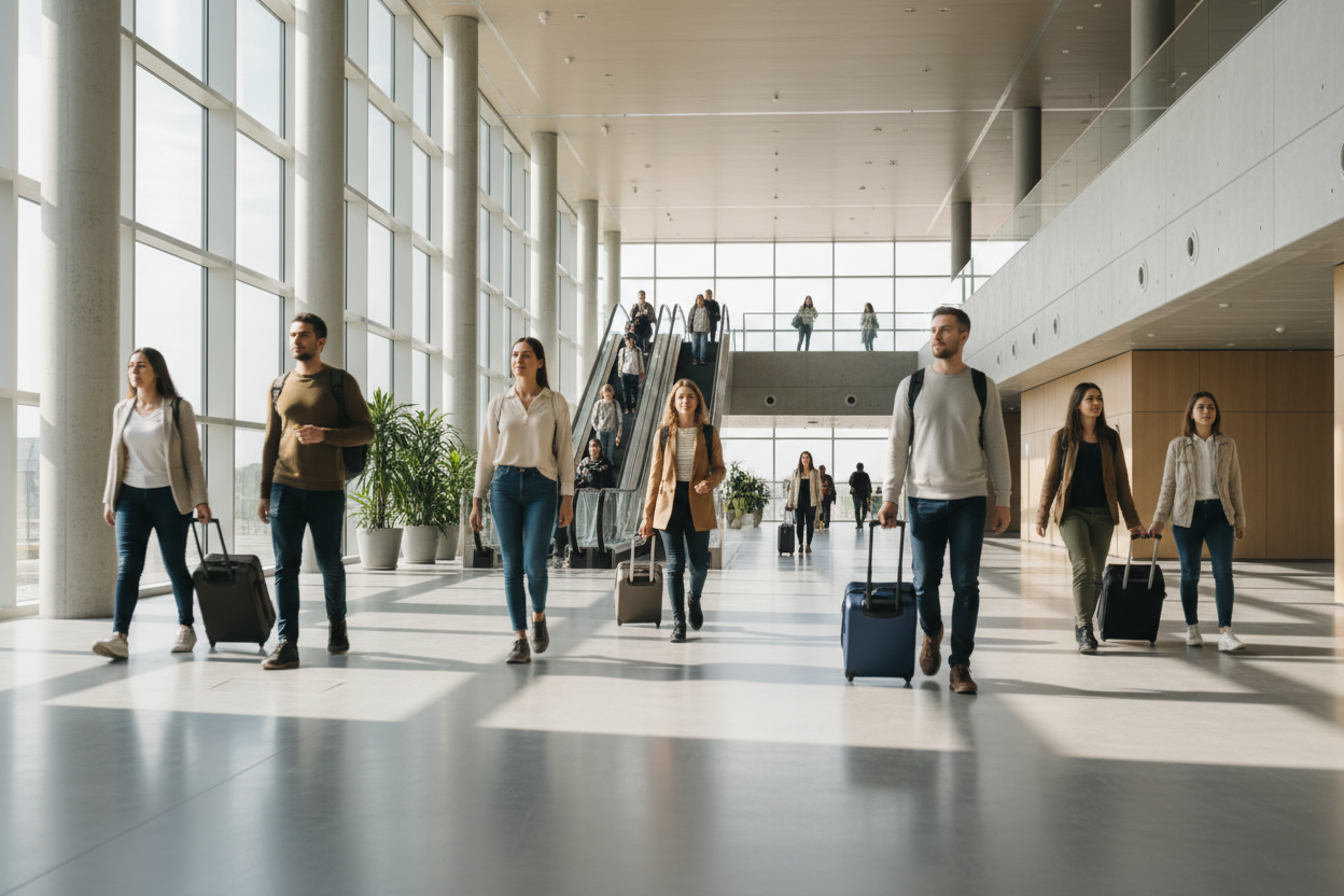 Hero banner with travelers in transit