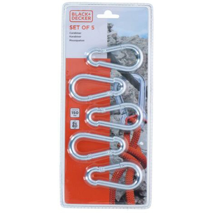 Black+Decker Hook Carabiner Set – 5 pcs (8 x 80 mm)