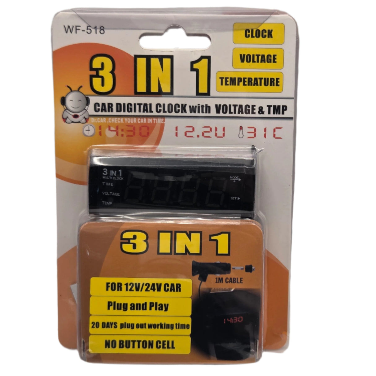 3-in-1 Car Clock with Voltmeter and Thermometer